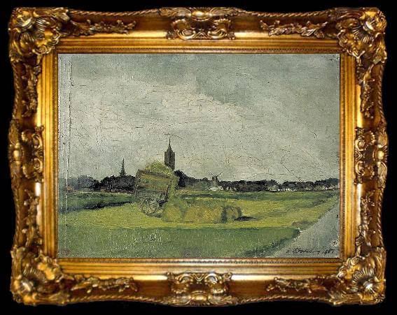 framed  Theo van Doesburg Landschap met hooikar, kerktorens en molen., ta009-2